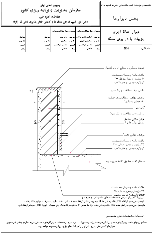 دیوار حفاظ آجری دیتیل با درپوش سنگ سازمان مدیریت و برنامه ریزی