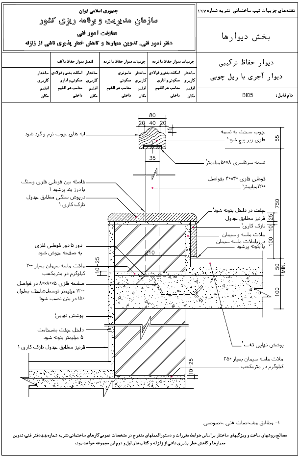 دیوار حفاظ ترکیبی دیوار آجری با ریل چوبی سازمان مدیریت و برنامه ریزی
