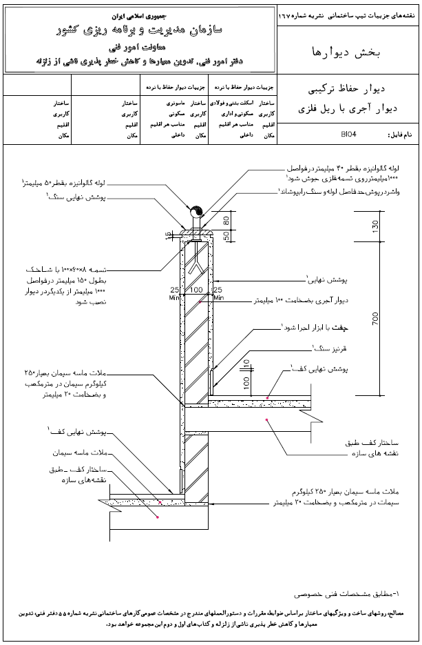 دیوار حفاظ ترکیبی دیوار آجری با ریل چوبی