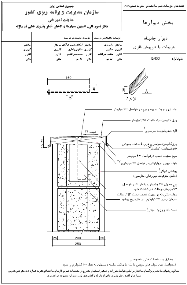 دیوار جانپناه دیتیل با درپوش فلزی