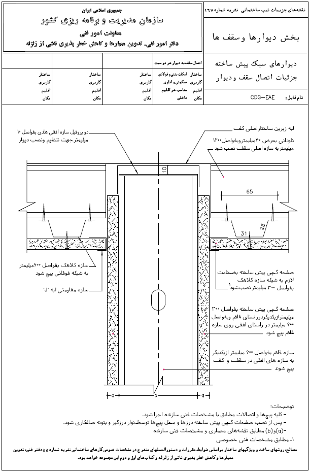 دیوار سبک پیش ساخته جزئیات اتصال به سقف نشریه 167