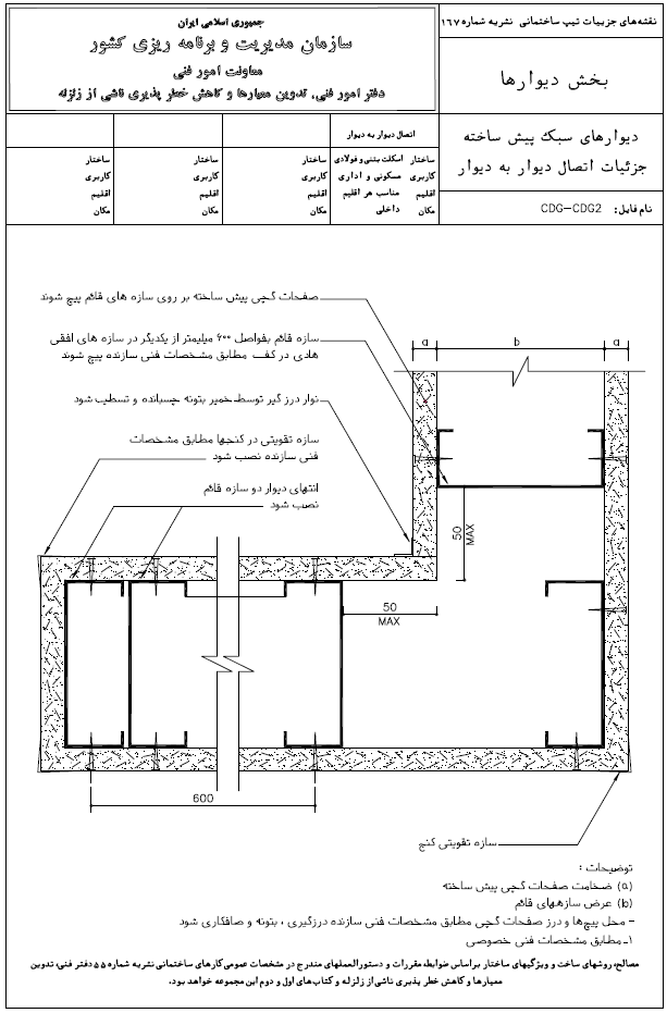 دیوار سبک پیش ساخته دیتیل اتصال دیوار به دیوار نشریه 167