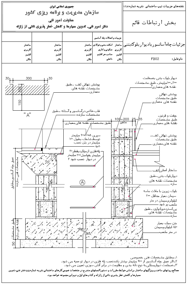 جزئیات چاله آسانسور با دیوار بلوک بتنی